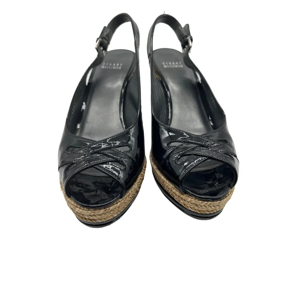 Stuart Weitzman Dolunch Patent Espadrille Wedge Sandal, Black Size 9